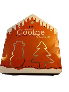 Christmas Metal Cookie Cutters in House Shaped Tin Lot 11 Forms